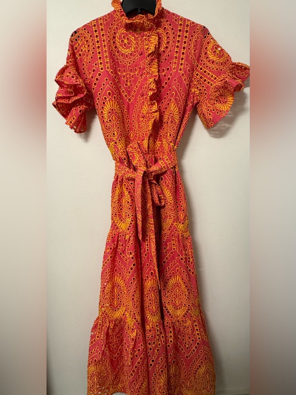 NWOT  Abbey Glass Sadie eyelet Maxi Dress coral / yellow size large